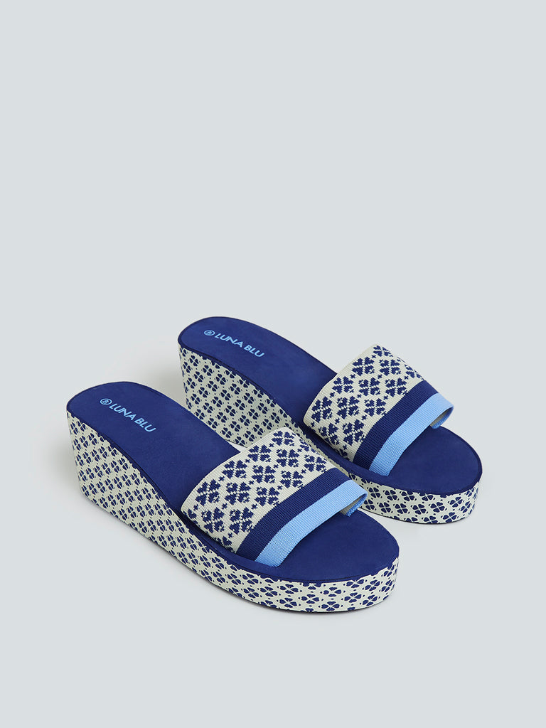 LUNA BLU Navy Floral Design Wedge Heel Slides